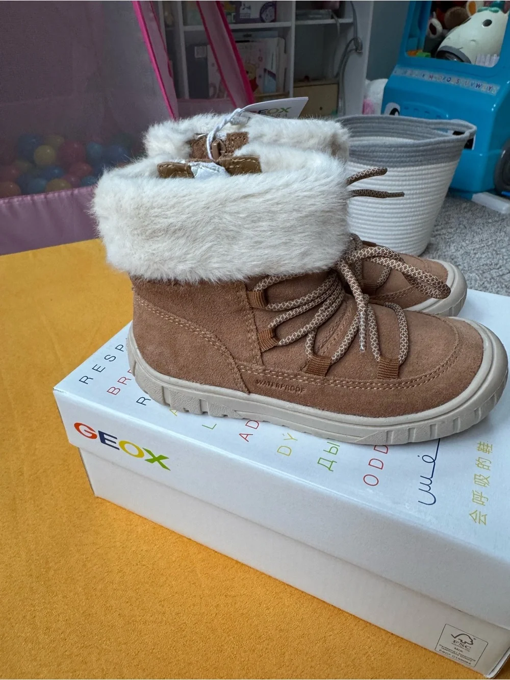 Geox Kids Brown Suede Waterproof Boots with Cream Faux Fur Cuff